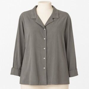 Vtg 100% Silk Womans XL Green Button Collared Shirt Top Long Sleeve Y2K Career